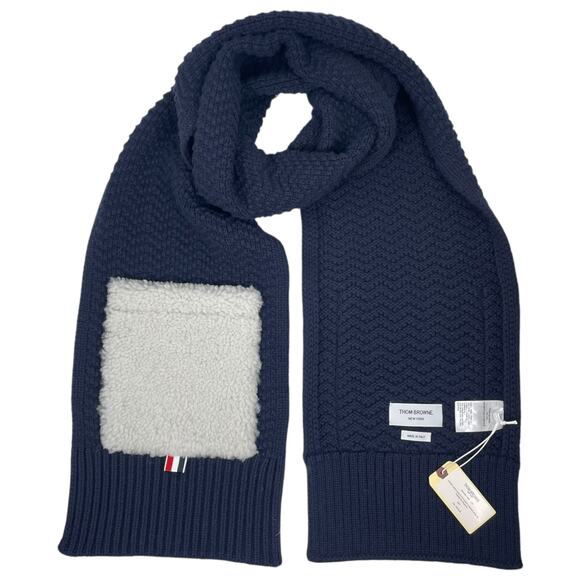 Thom Browne Shearling Trimmed Knit Wool Scarf Navy Blue Men 85" - Picture 5 of 9